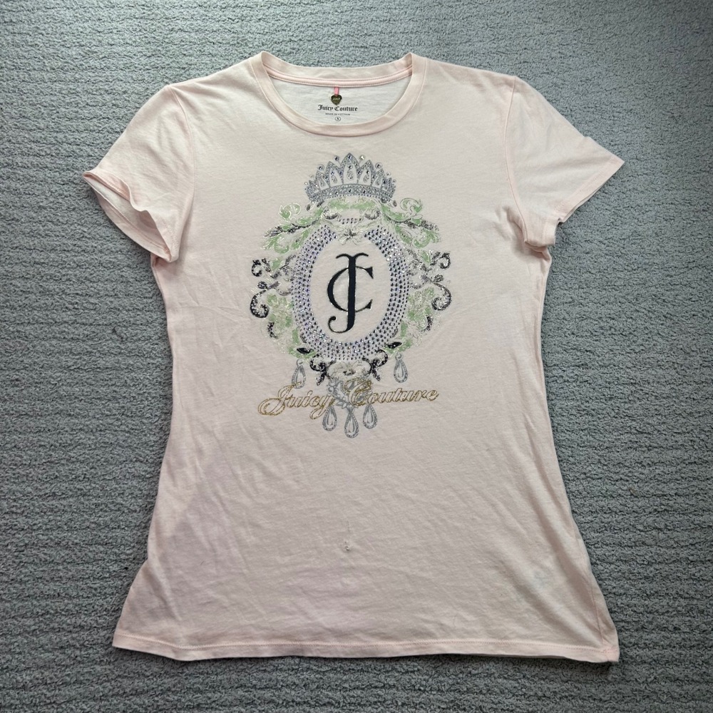 Juicy Couture Tee Rhinestone Crest Crown Pink Small Y2K McBling Coquette flaw